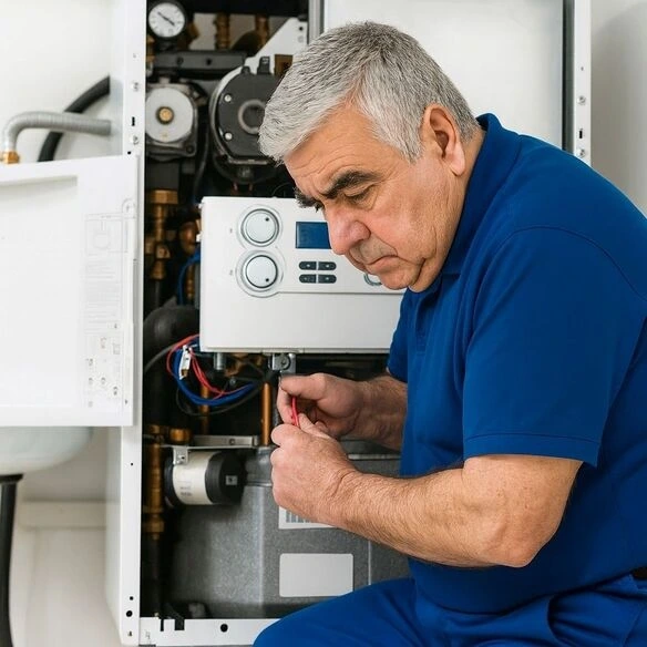 Techniker in blauer Uniform repariert Kessel mit Schraubendreher