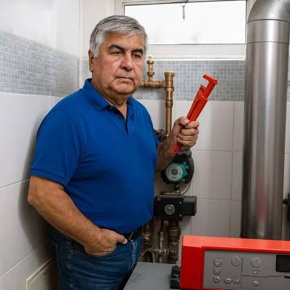 Klempner hält Schraubenschlüssel in der Nähe der Heizungsanlage
